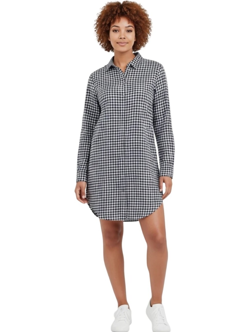 J.Crew Re-Imagined Navy Gingham Cotton Long Sleeve Button Front Shirt Dress